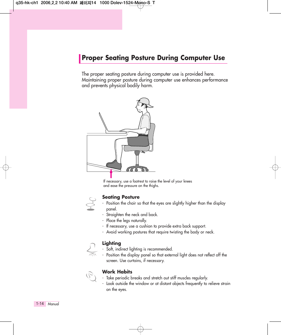 Proper seating posture during computer use | Samsung Q35 User Manual | Page 18 / 157