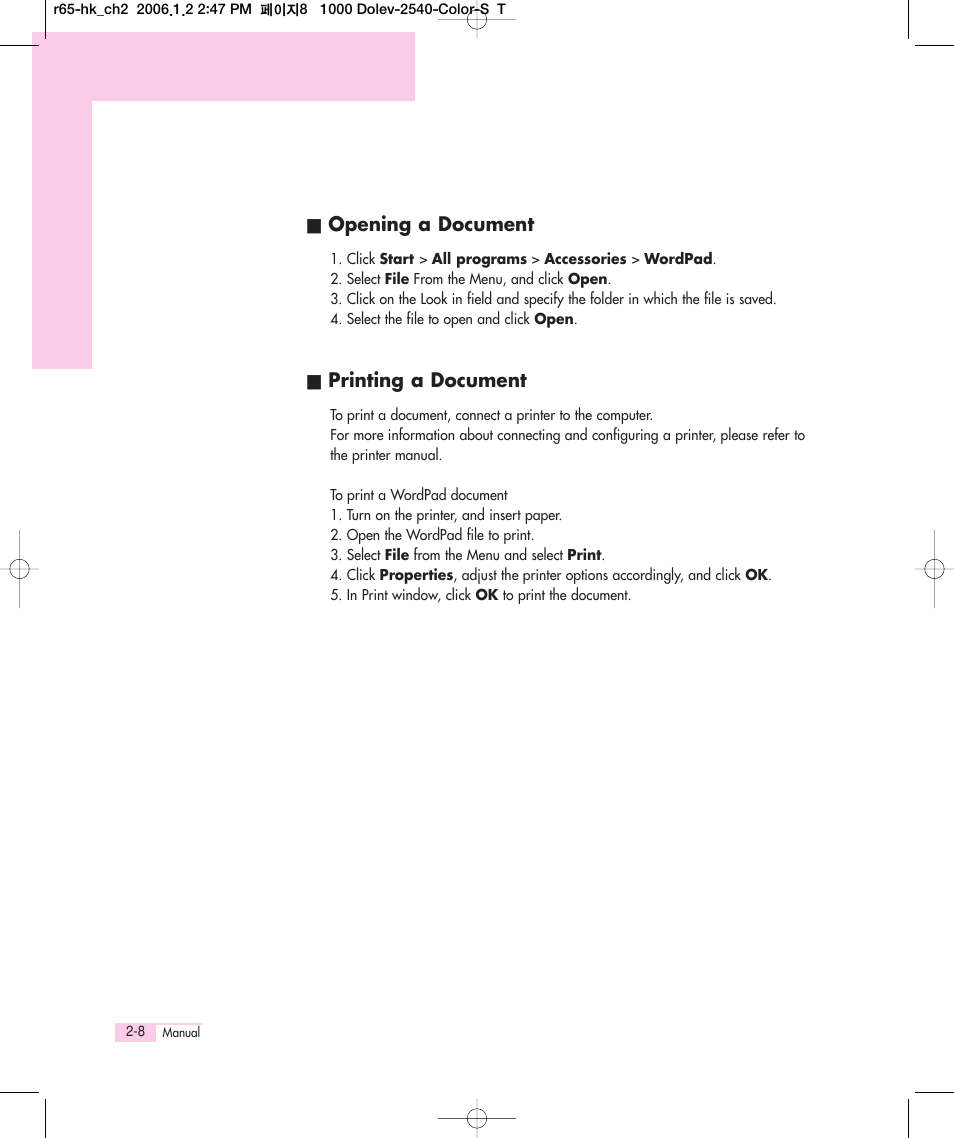 Opening a document, Printing a document | Samsung Q35 User Manual | Page 26 / 157