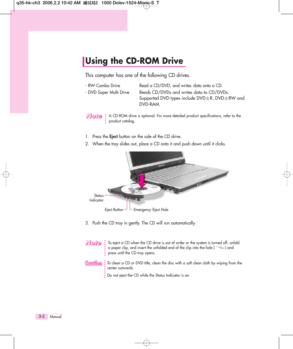 Using the cd drive, Using the cd-rom drive | Samsung Q35 User Manual | Page 28 / 157