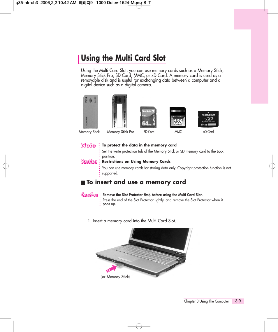 Using the multi card slot | Samsung Q35 User Manual | Page 35 / 157