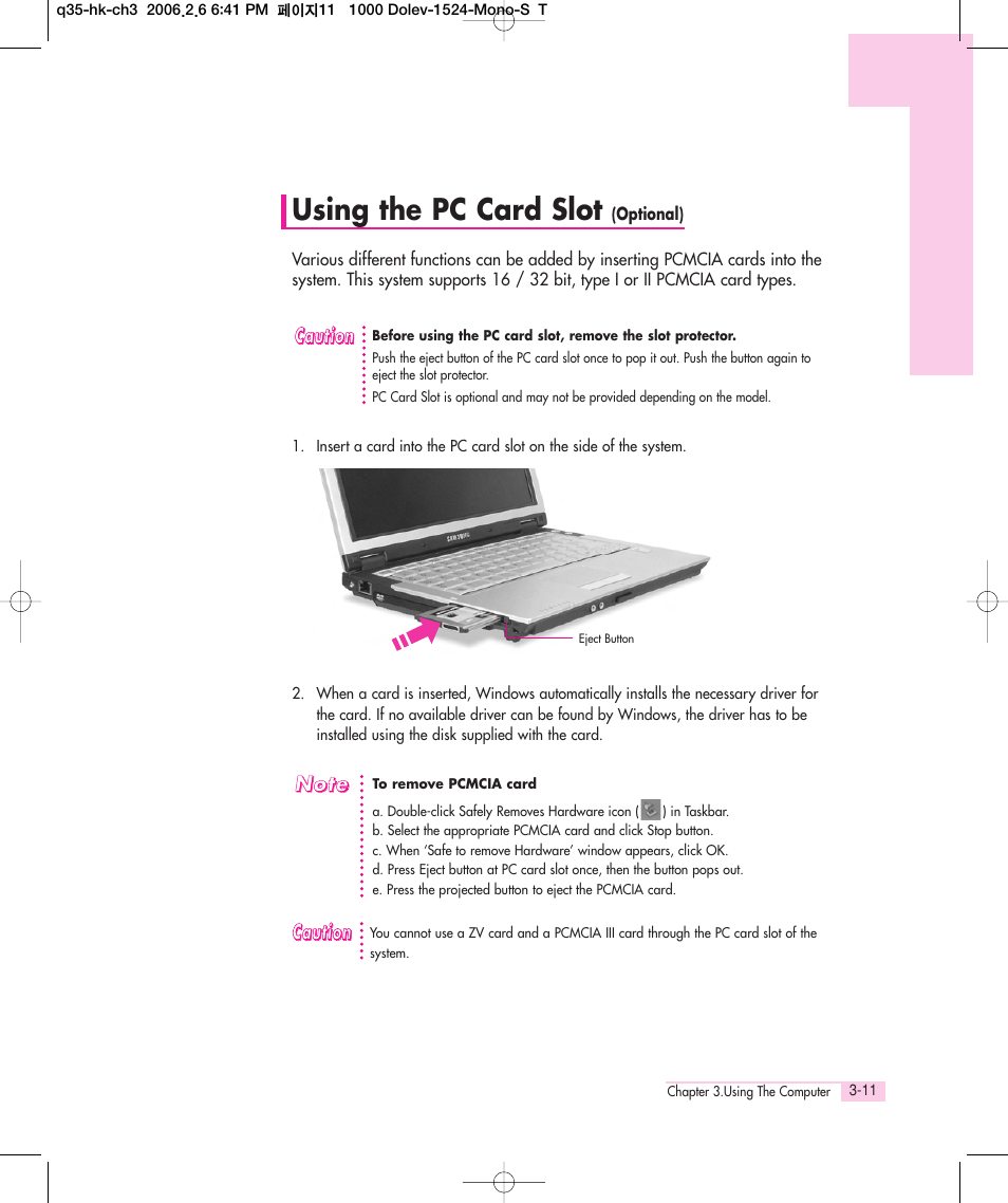Using the pc card slot | Samsung Q35 User Manual | Page 37 / 157
