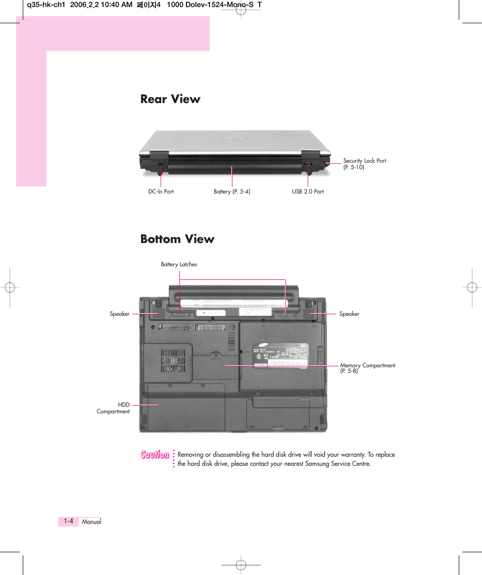 Rear view, Bottom view, Rear view bottom view | Samsung Q35 User Manual | Page 8 / 157