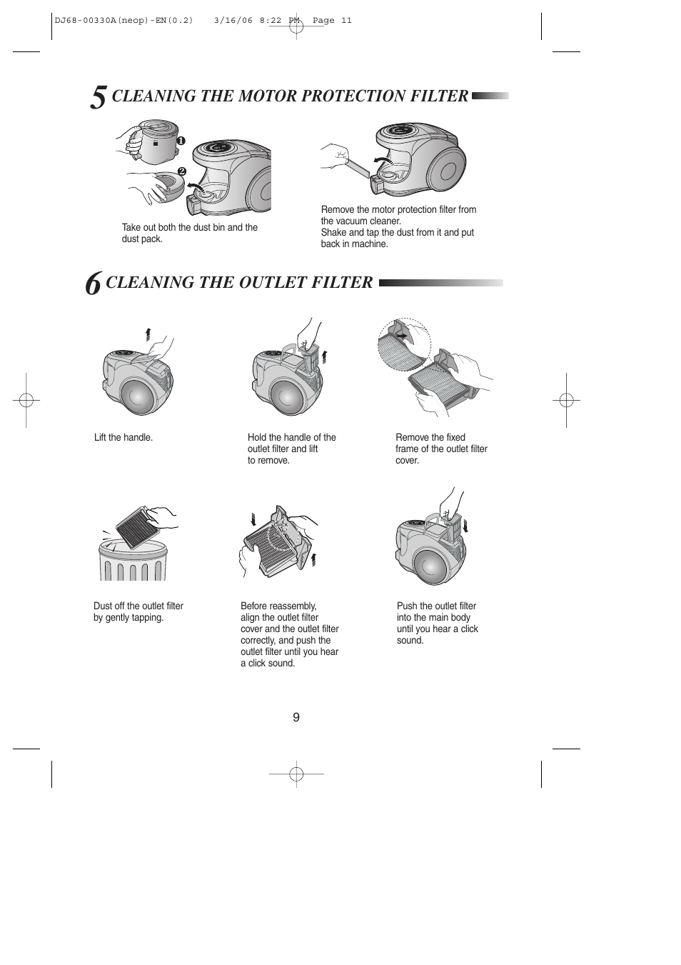 Cleaning the motor protection filter, Cleaning the outlet filter | Samsung SC8551 User Manual | Page 10 / 12