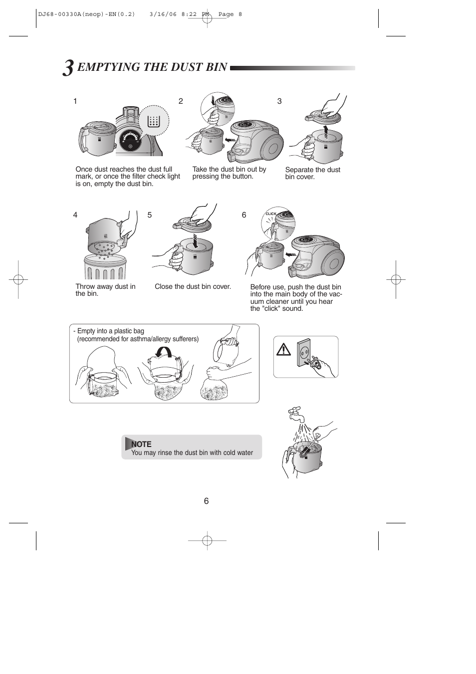 Emptying the dust bin | Samsung SC8551 User Manual | Page 7 / 12