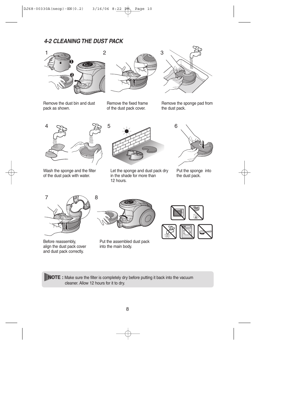 2 cleaning the dust pack | Samsung SC8551 User Manual | Page 9 / 12