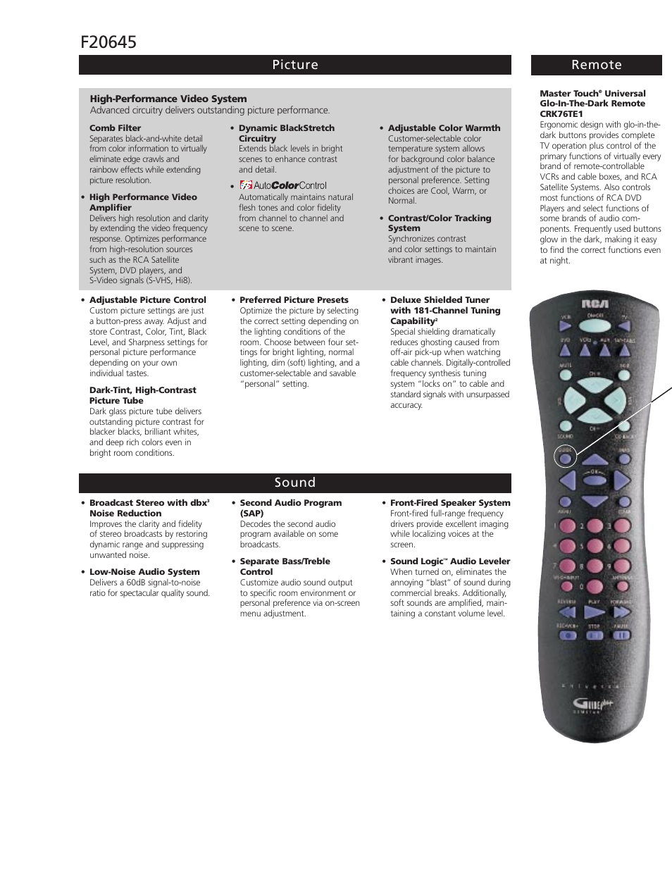 Picture remote sound | Samsung F20645 User Manual | Page 2 / 4