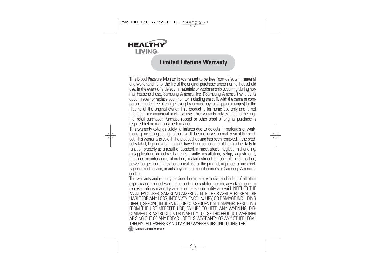 Limited lifetime warranty | Samsung BVM-1007 User Manual | Page 27 / 66