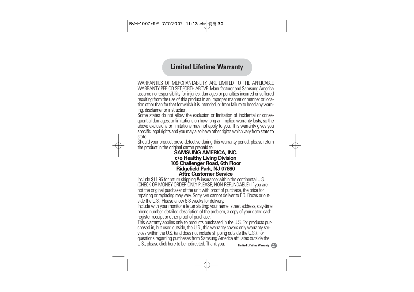 Limited lifetime warranty | Samsung BVM-1007 User Manual | Page 28 / 66