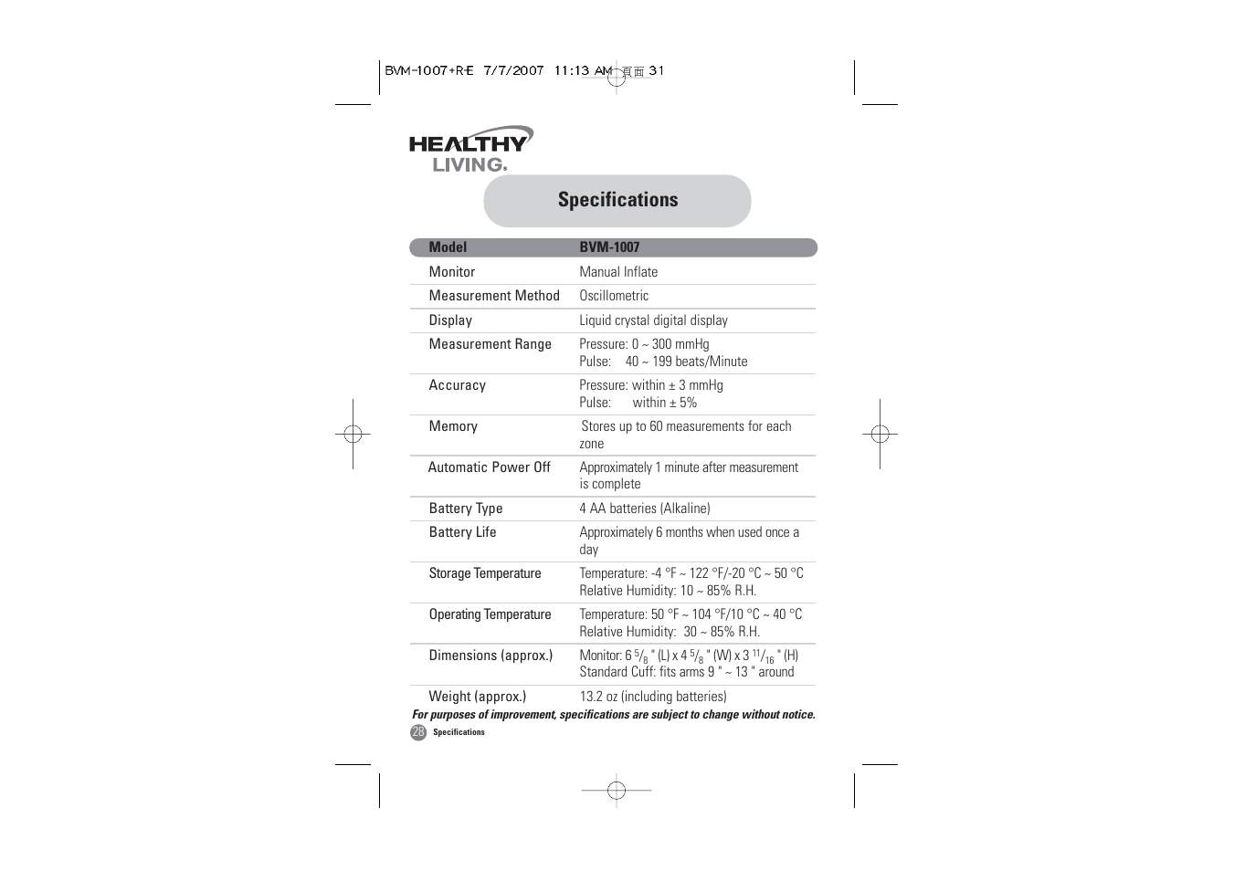 Specifications | Samsung BVM-1007 User Manual | Page 29 / 66