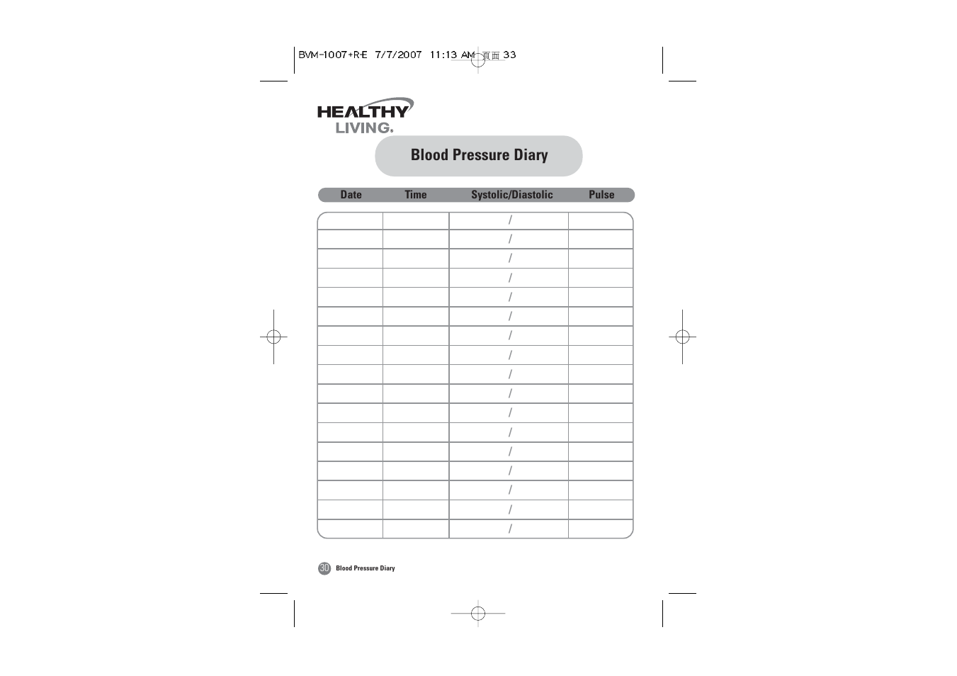 Blood pressure diary | Samsung BVM-1007 User Manual | Page 31 / 66