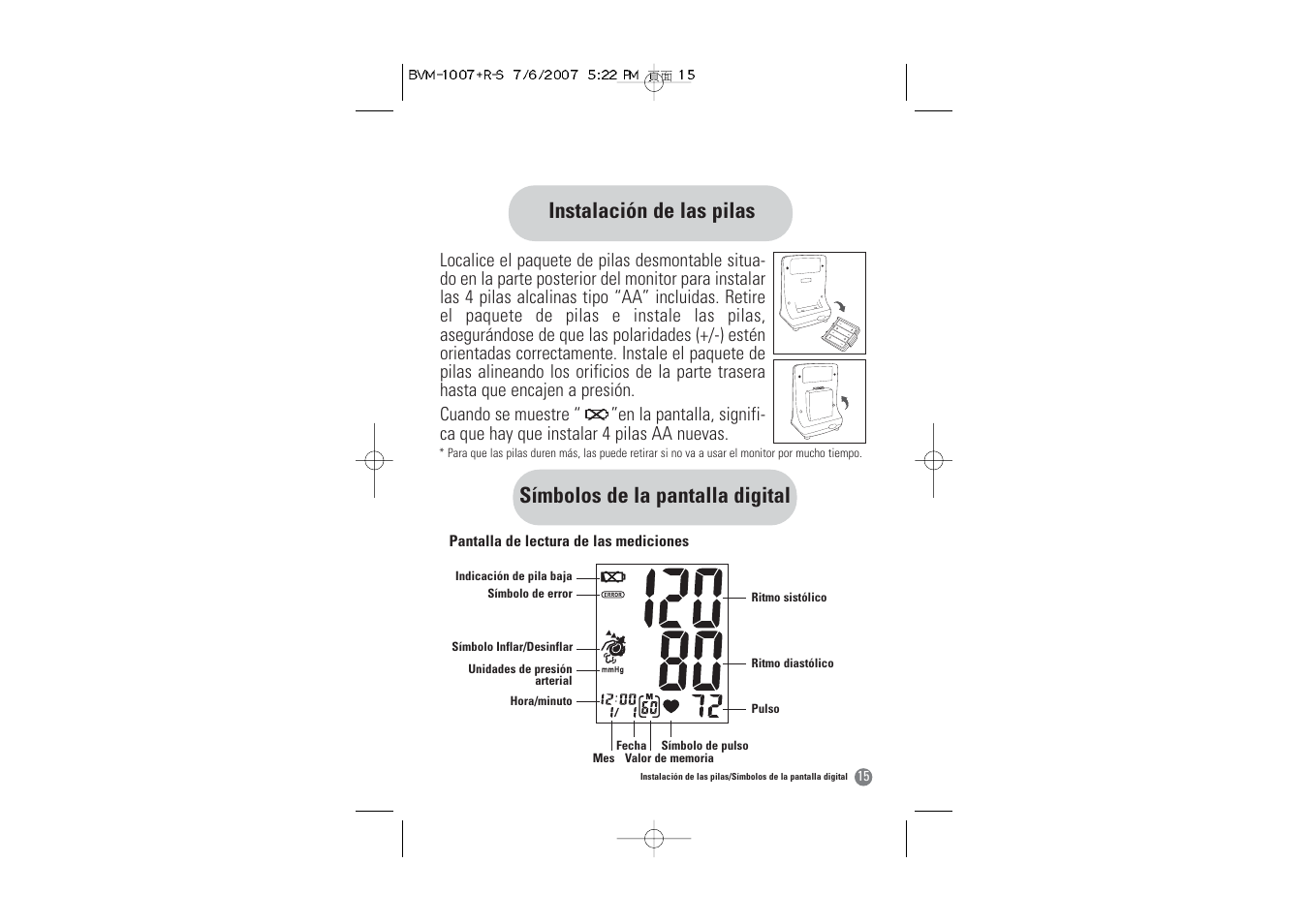 Símbolos de la pantalla digital, Instalación de las pilas | Samsung BVM-1007 User Manual | Page 48 / 66