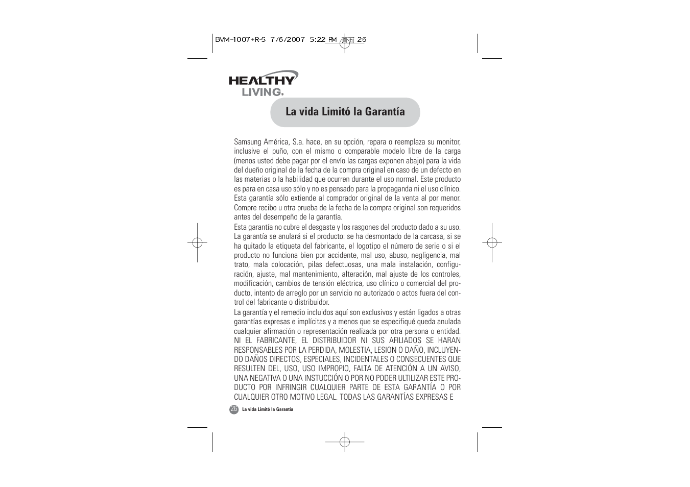 La vida limitó la garantía | Samsung BVM-1007 User Manual | Page 59 / 66