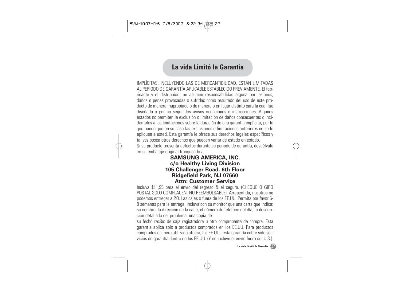La vida limitó la garantía | Samsung BVM-1007 User Manual | Page 60 / 66
