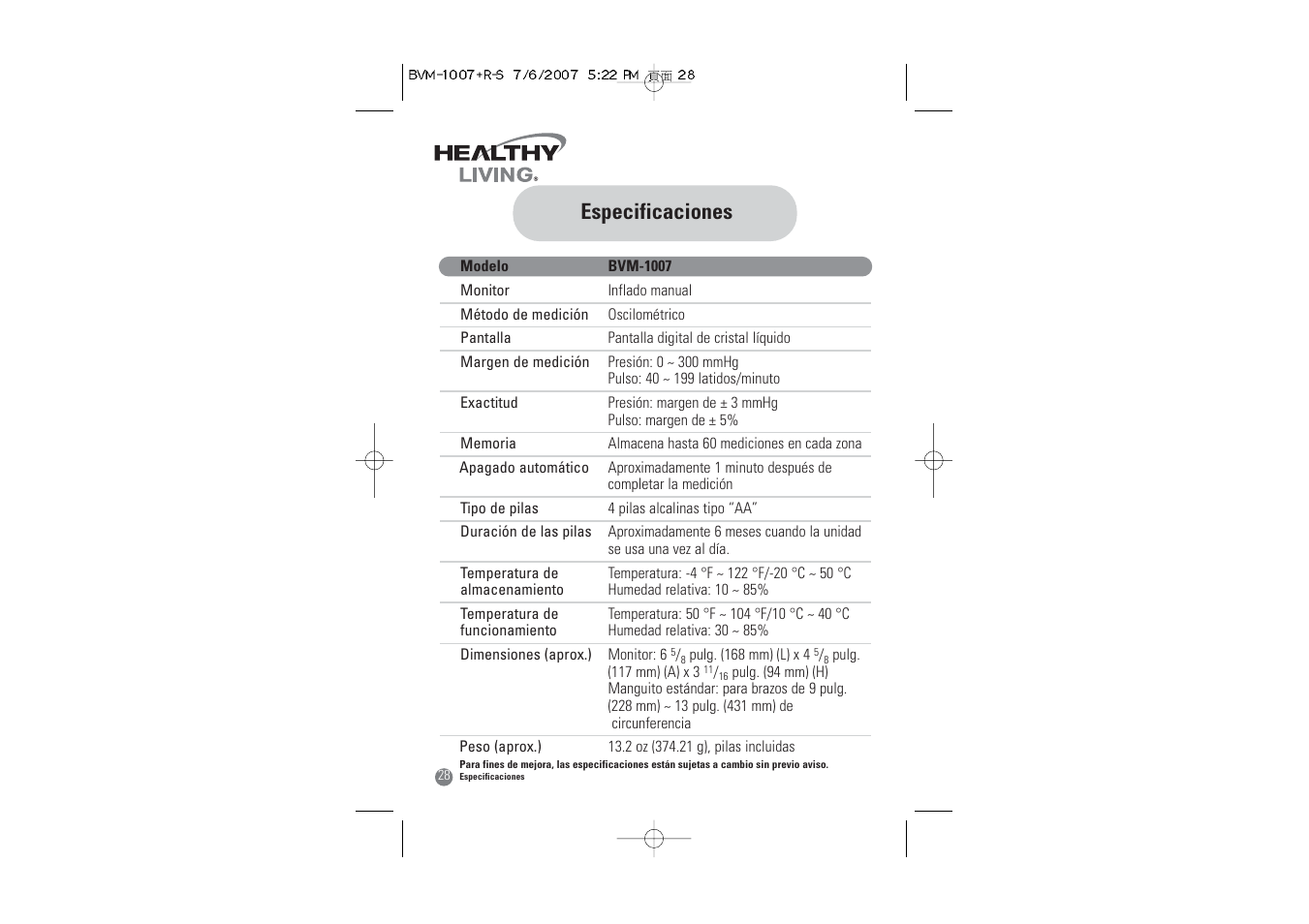 Especificaciones | Samsung BVM-1007 User Manual | Page 61 / 66