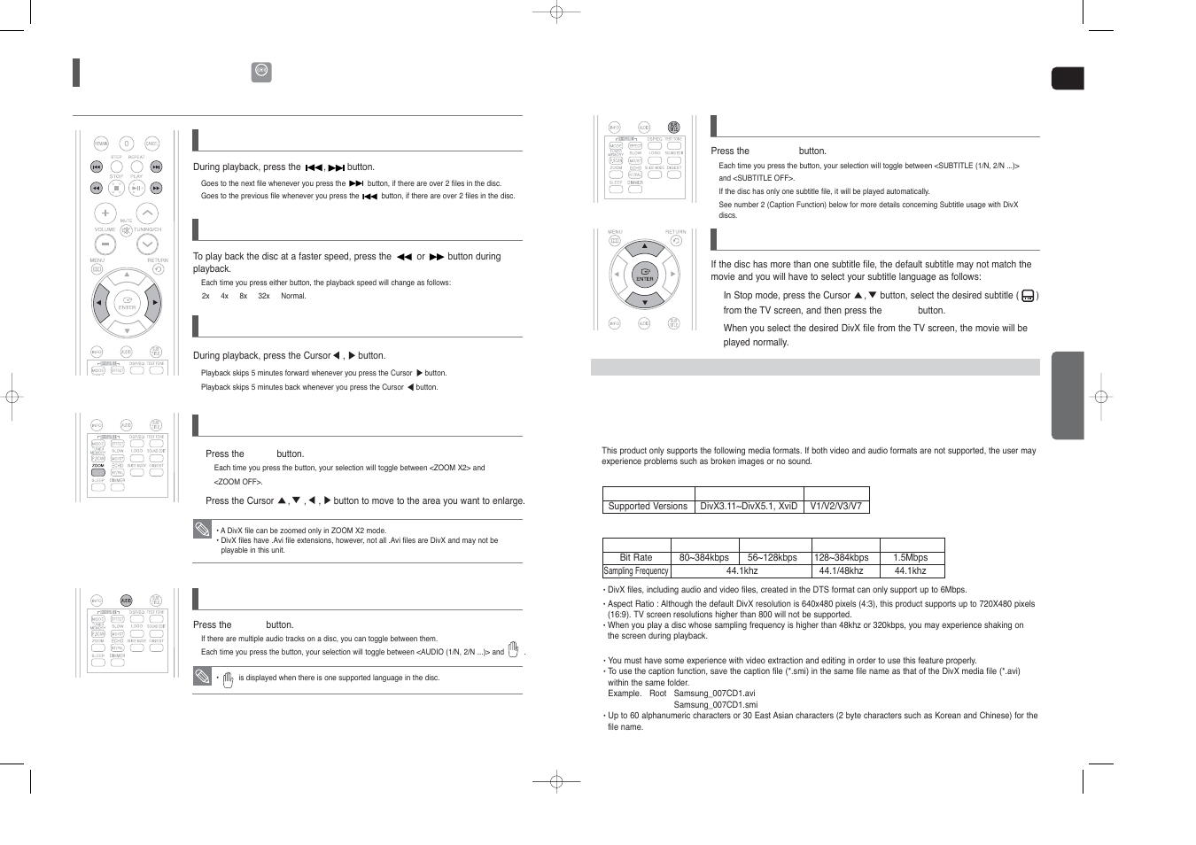 Divx playback, Skip forward/back, 5 minute skip function | Fast playback 1, Zoom function, Audio display, If the disc has more than one subtitle file, Subtitle display | Samsung HT-TX25  EN User Manual | Page 15 / 34