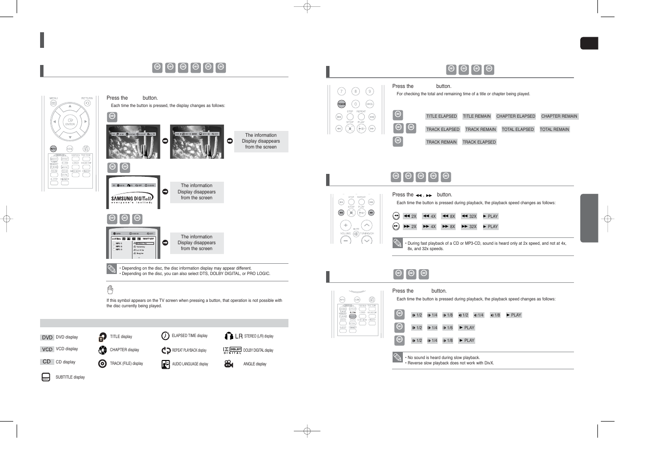 Using the playback function, Checking the remaining time, Fast playback | Slow playback, Displaying disc information, Gb opera tion | Samsung HT-TX25  EN User Manual | Page 16 / 34