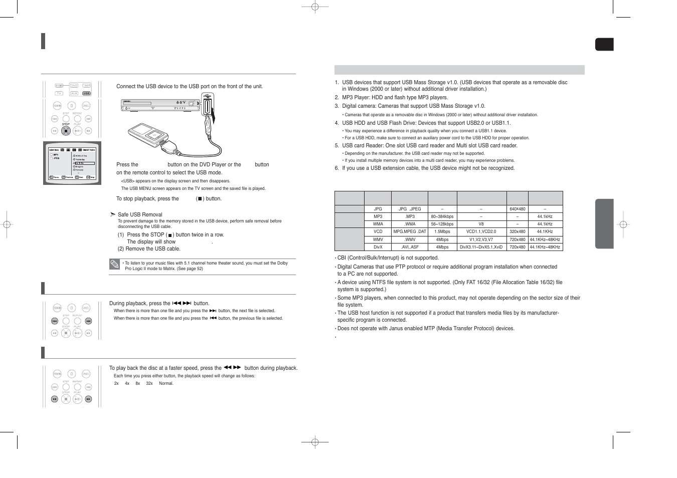 Playing media files using the usb host feature, Skip forward/back, Fast playback | Samsung HT-TX25  EN User Manual | Page 21 / 34