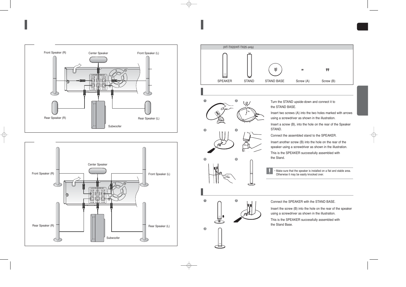 Speaker installation, Connecting the speakers, Con’t) | Samsung HT-TX25  EN User Manual | Page 8 / 34