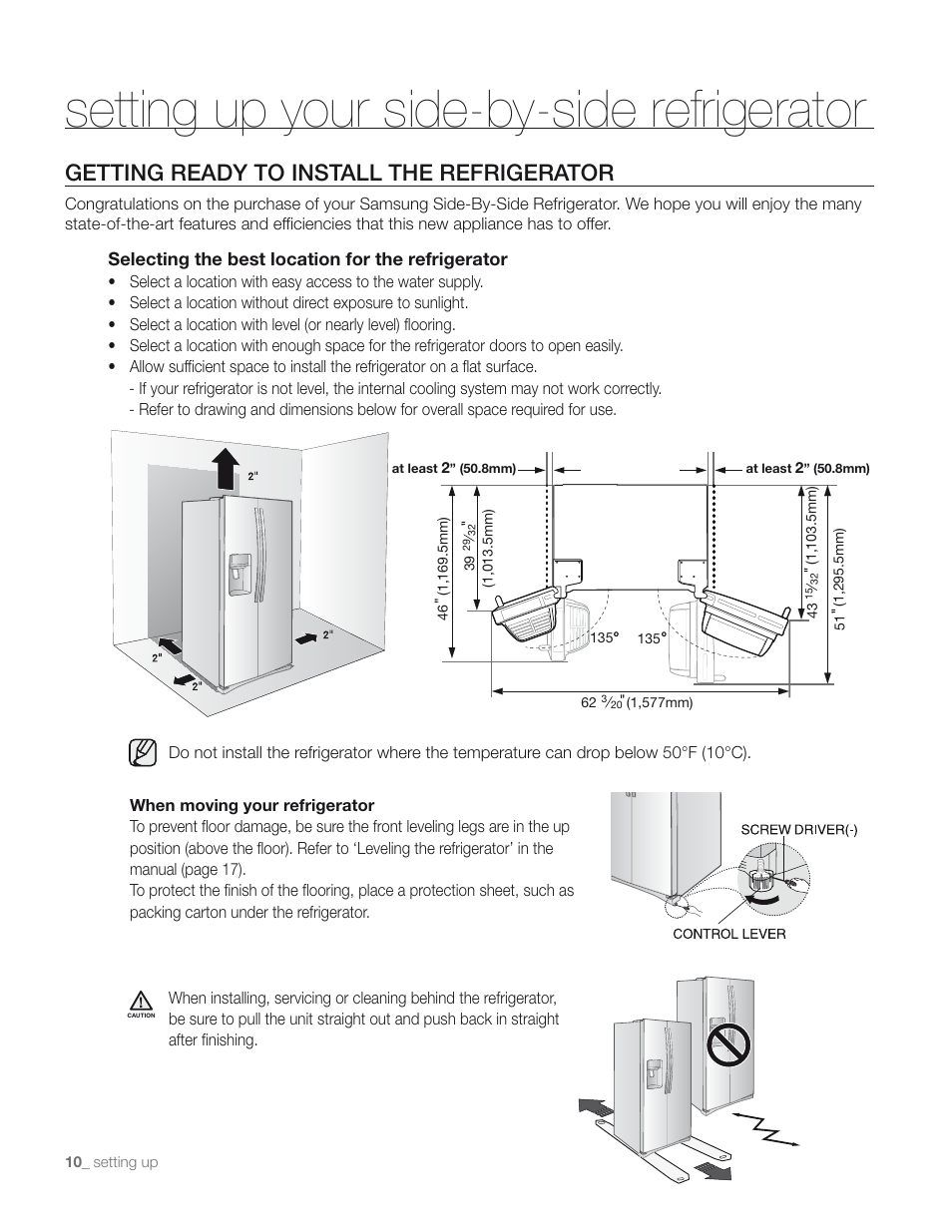 Setting up your side-by-side refrigerator, Getting ready to install the refrigerator | Samsung RS267TD** User Manual | Page 10 / 68