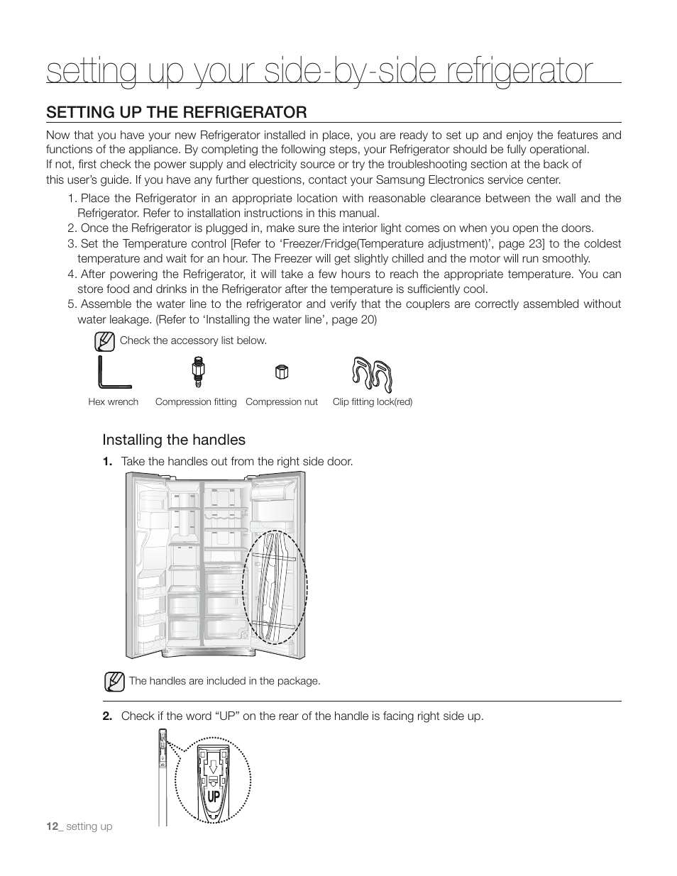 Setting up your side-by-side refrigerator, Setting up the refrigerator, Installing the handles | Samsung RS267TD** User Manual | Page 12 / 68