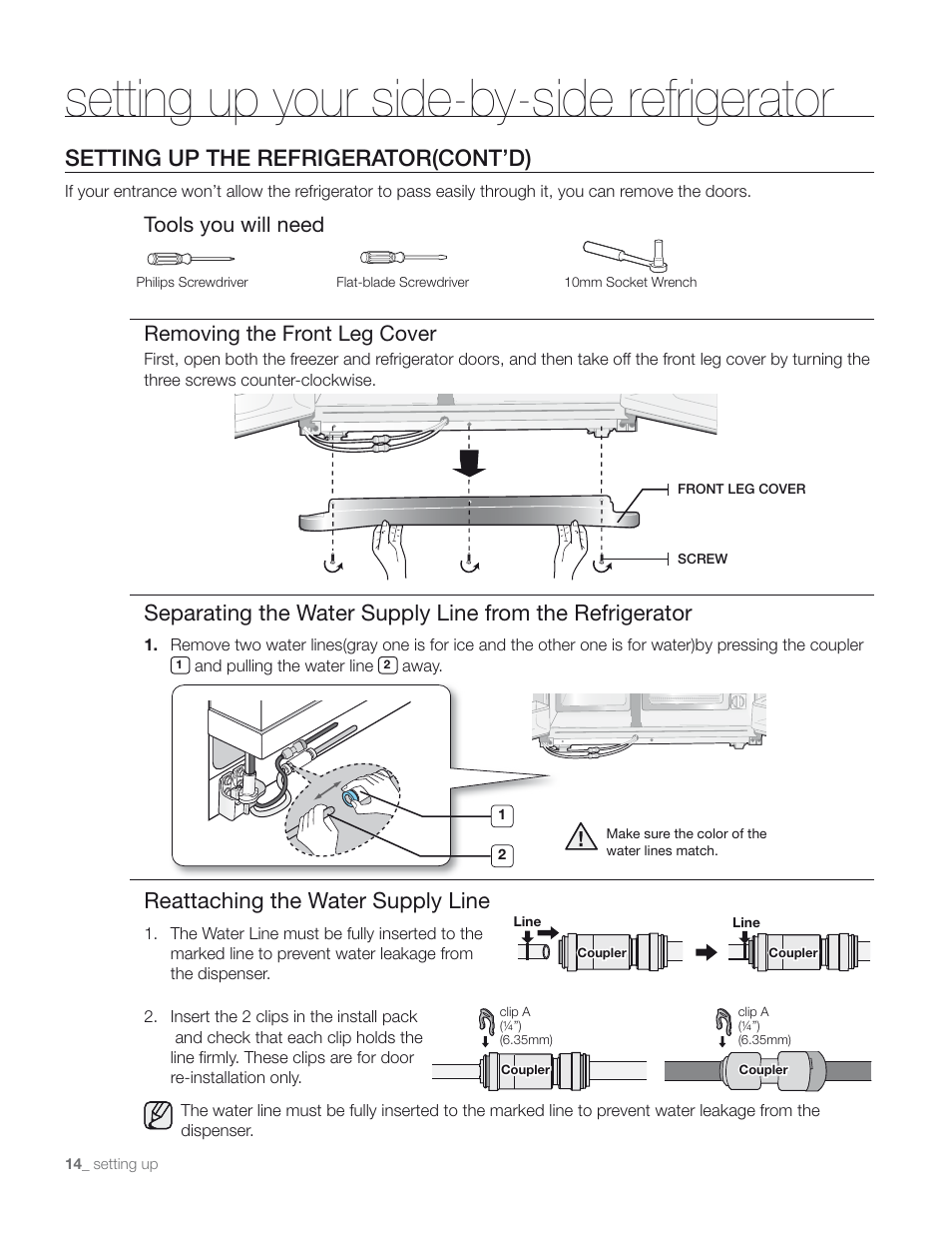 Setting up your side-by-side refrigerator, Setting up the refrigerator(cont’d), Reattaching the water supply line | Tools you will need removing the front leg cover | Samsung RS267TD** User Manual | Page 14 / 68