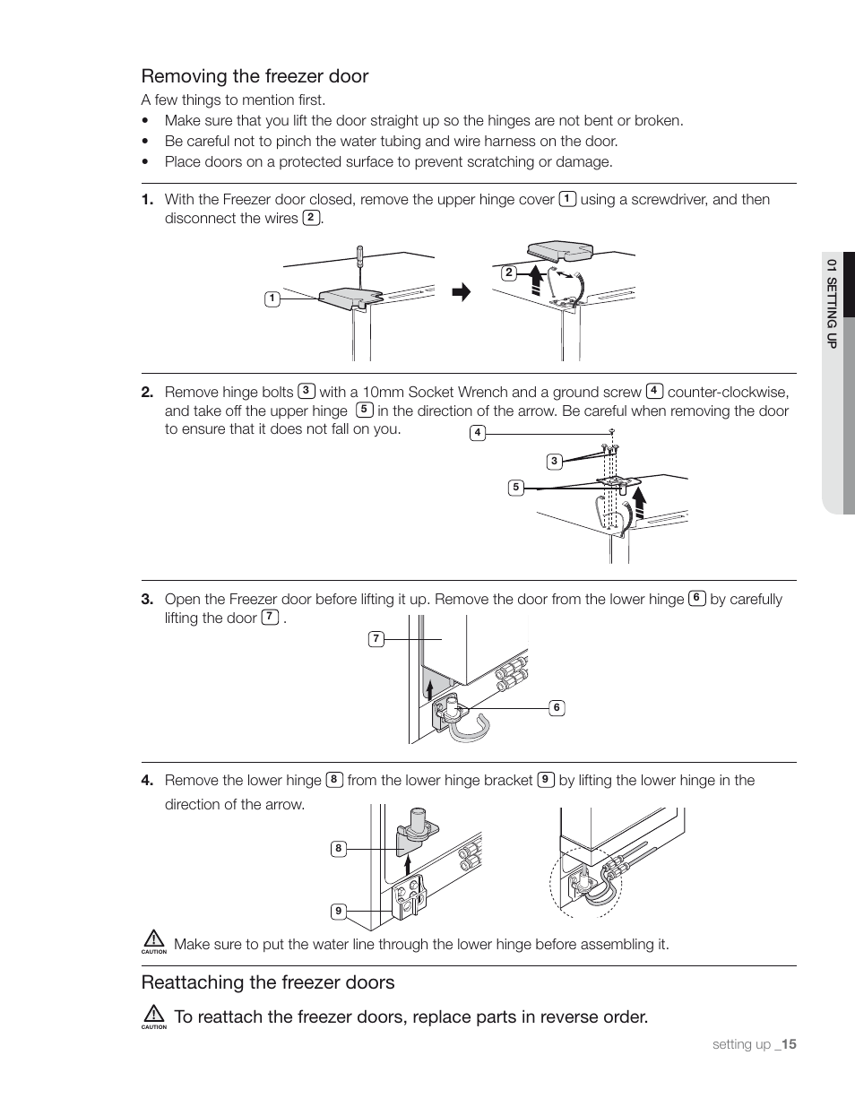 Removing the freezer door, Reattaching the freezer doors | Samsung RS267TD** User Manual | Page 15 / 68