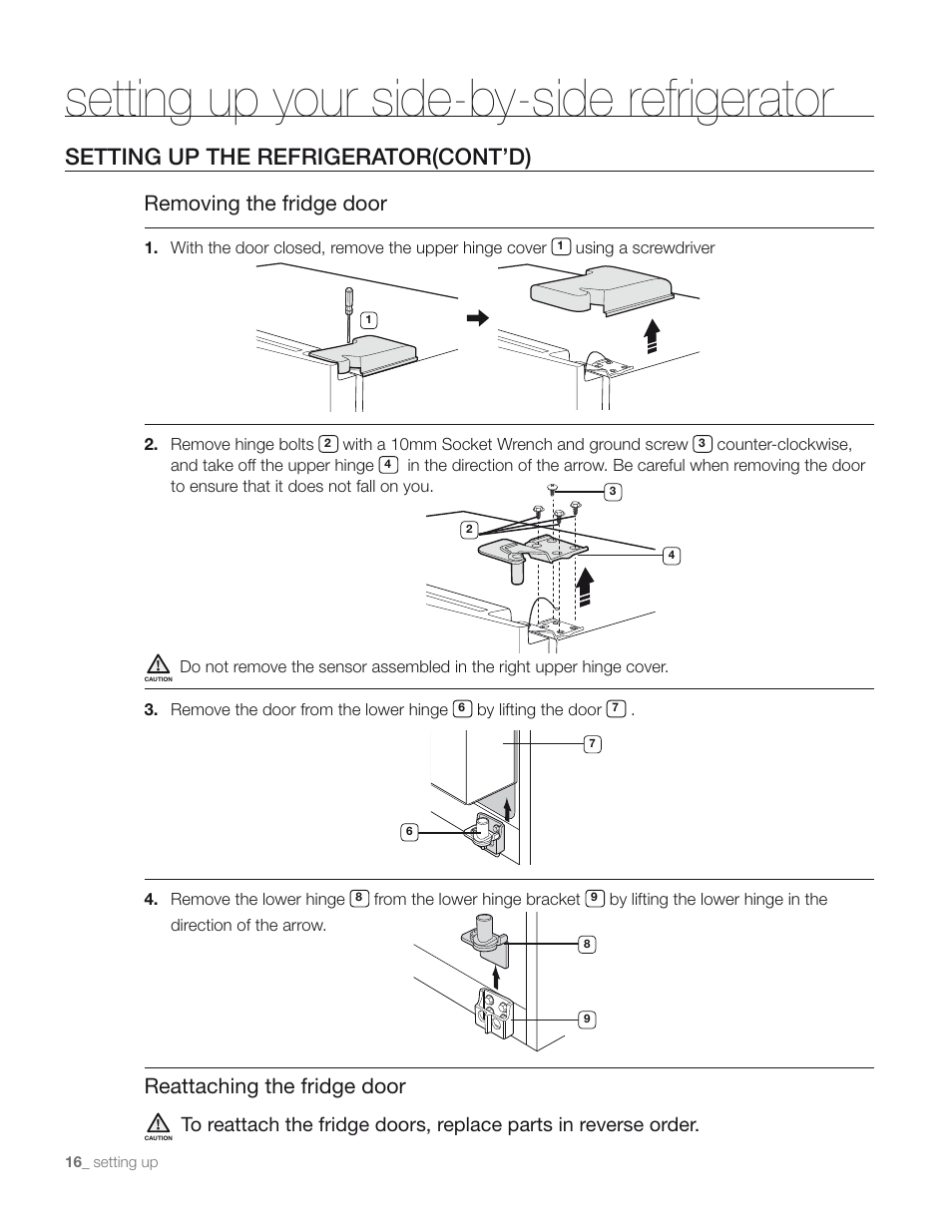 Setting up your side-by-side refrigerator, Setting up the refrigerator(cont’d), Removing the fridge door | Reattaching the fridge door | Samsung RS267TD** User Manual | Page 16 / 68