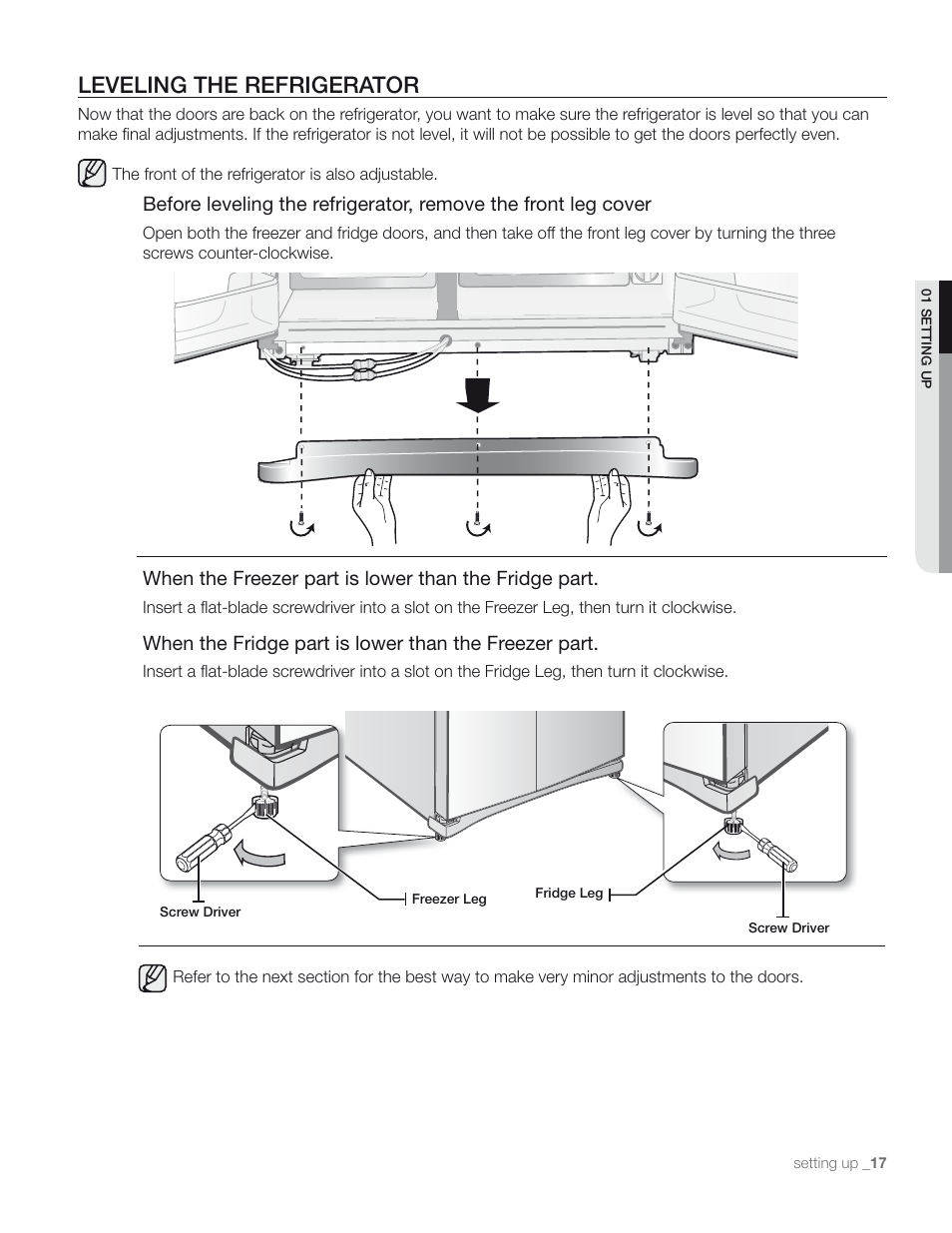 Leveling the refrigerator | Samsung RS267TD** User Manual | Page 17 / 68