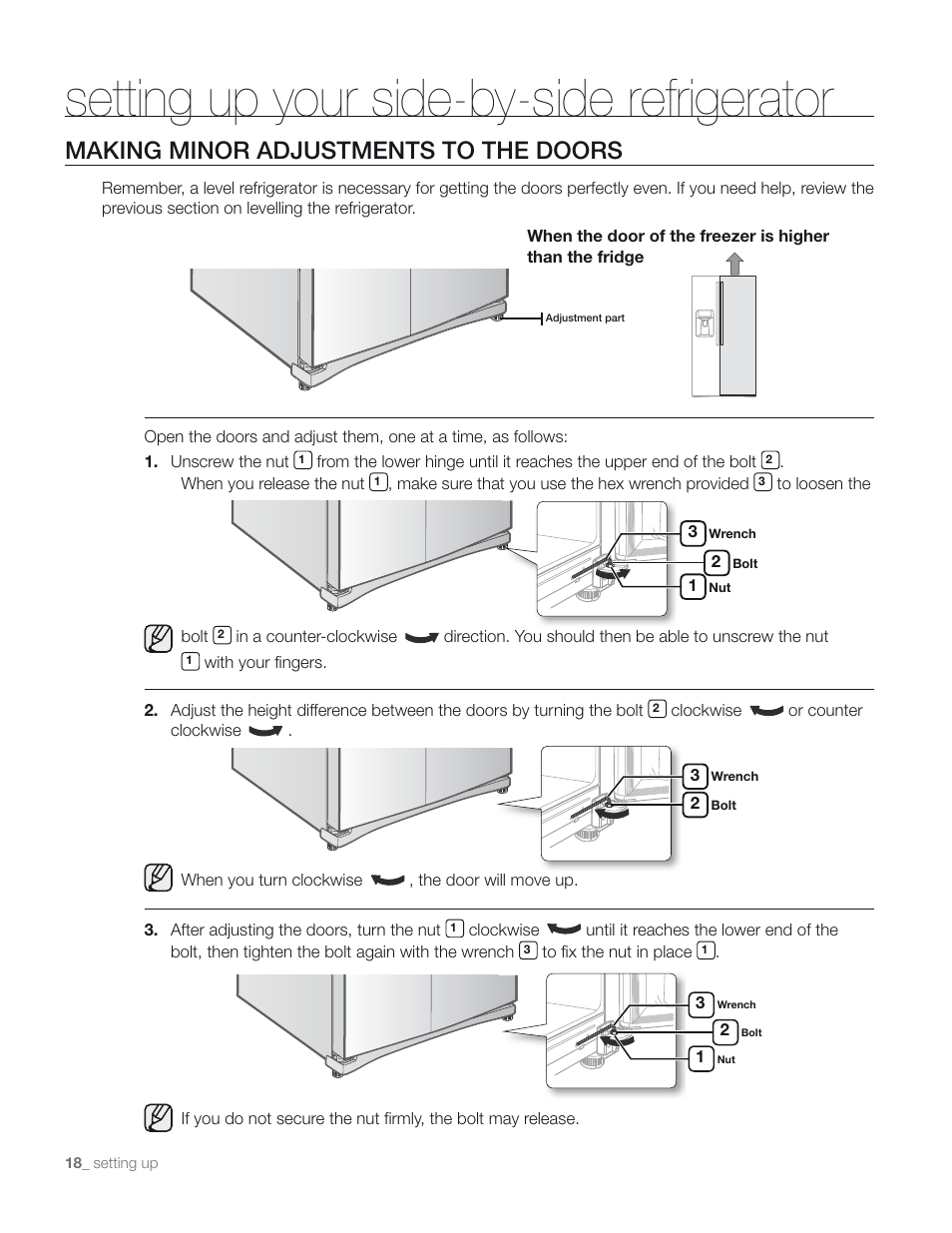 Setting up your side-by-side refrigerator, Making minor adjustments to the doors | Samsung RS267TD** User Manual | Page 18 / 68