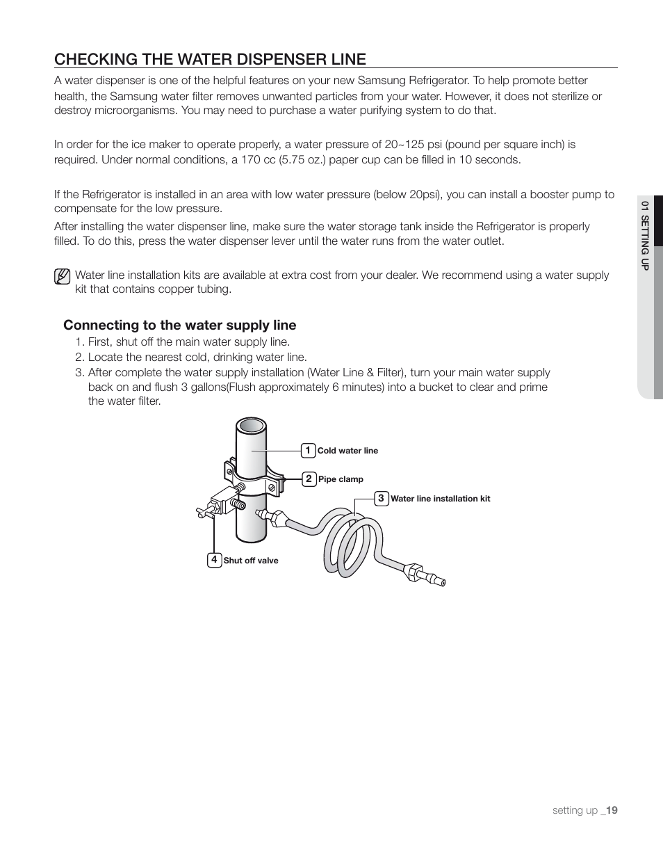 Checking the water dispenser line, Connecting to the water supply line | Samsung RS267TD** User Manual | Page 19 / 68