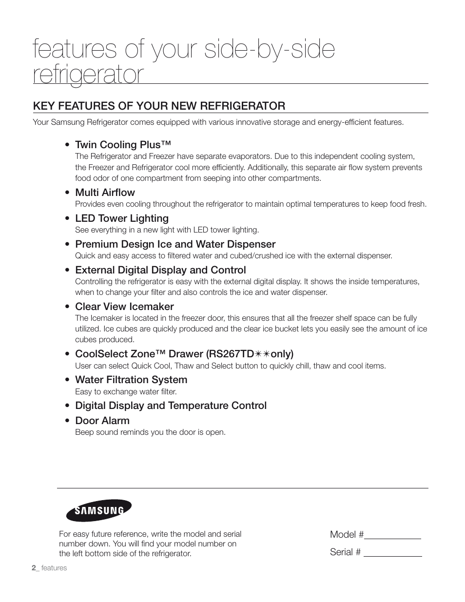Features of your side-by-side refrigerator | Samsung RS267TD** User Manual | Page 2 / 68