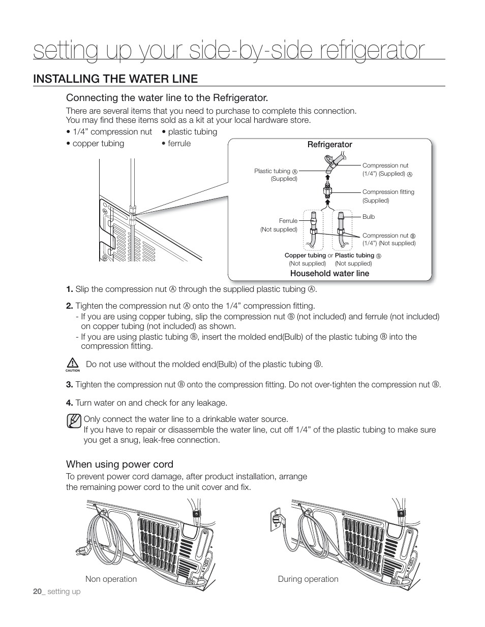 Setting up your side-by-side refrigerator, Installing the water line | Samsung RS267TD** User Manual | Page 20 / 68