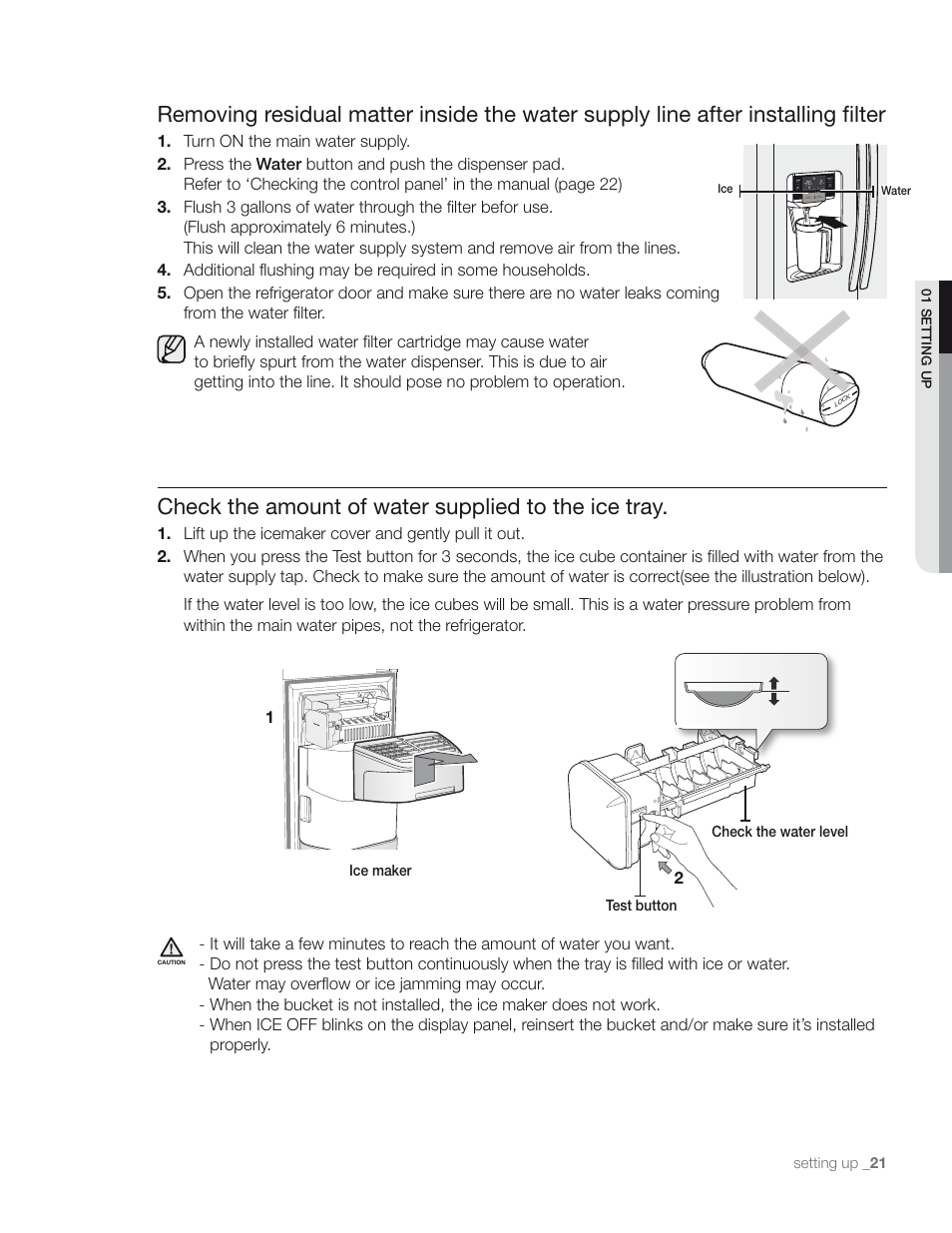 Check the amount of water supplied to the ice tray | Samsung RS267TD** User Manual | Page 21 / 68