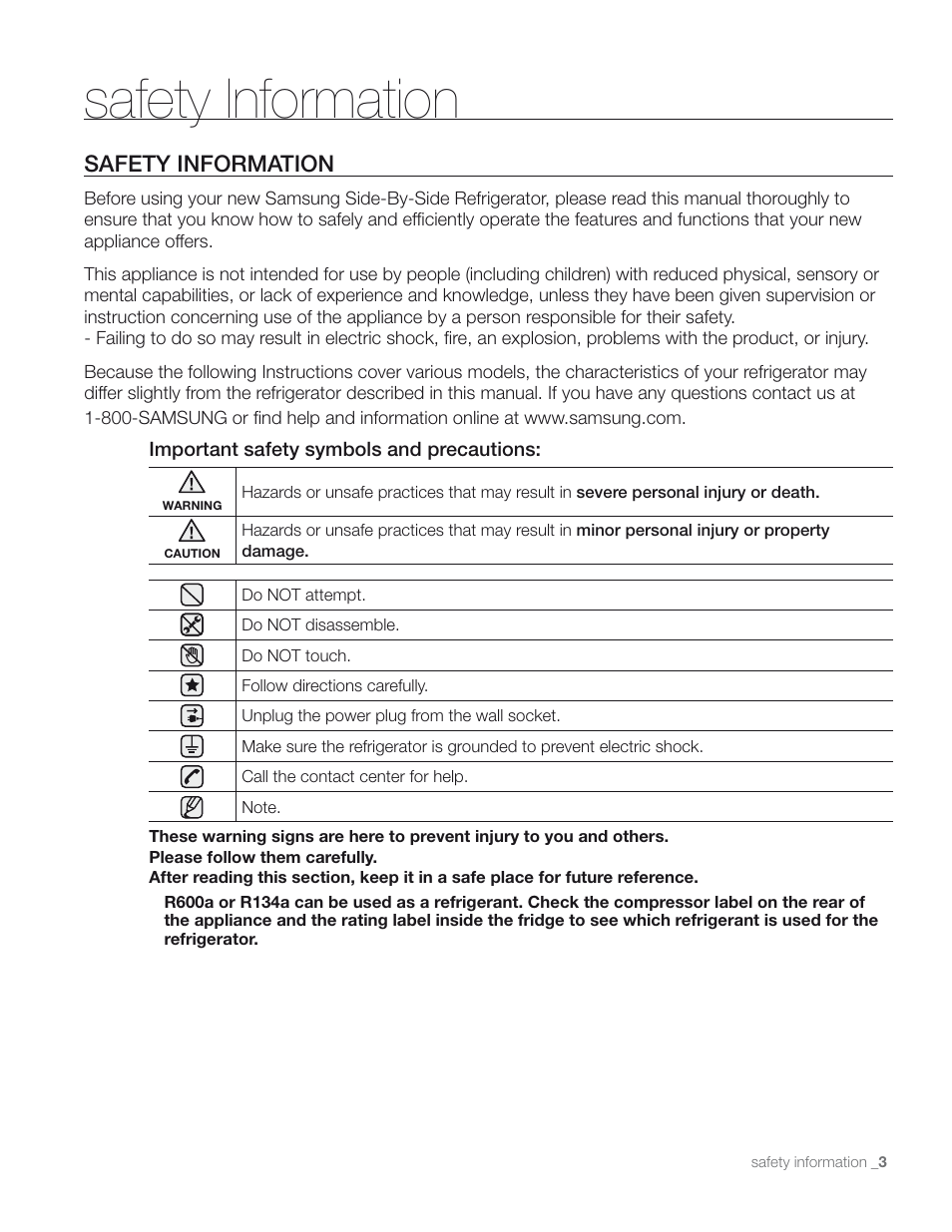 Safety information | Samsung RS267TD** User Manual | Page 3 / 68