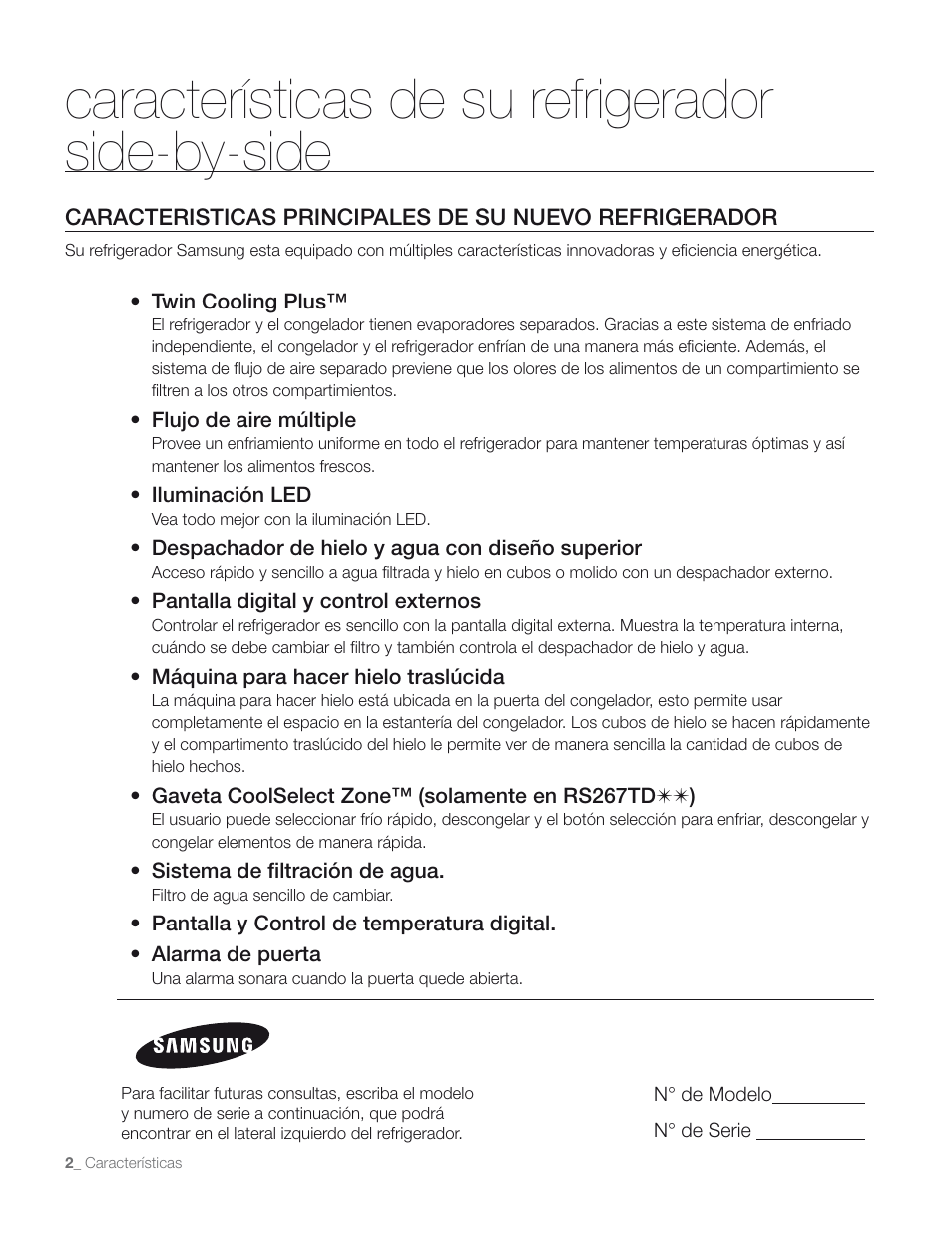 Características de su refrigerador side-by-side | Samsung RS267TD** User Manual | Page 36 / 68