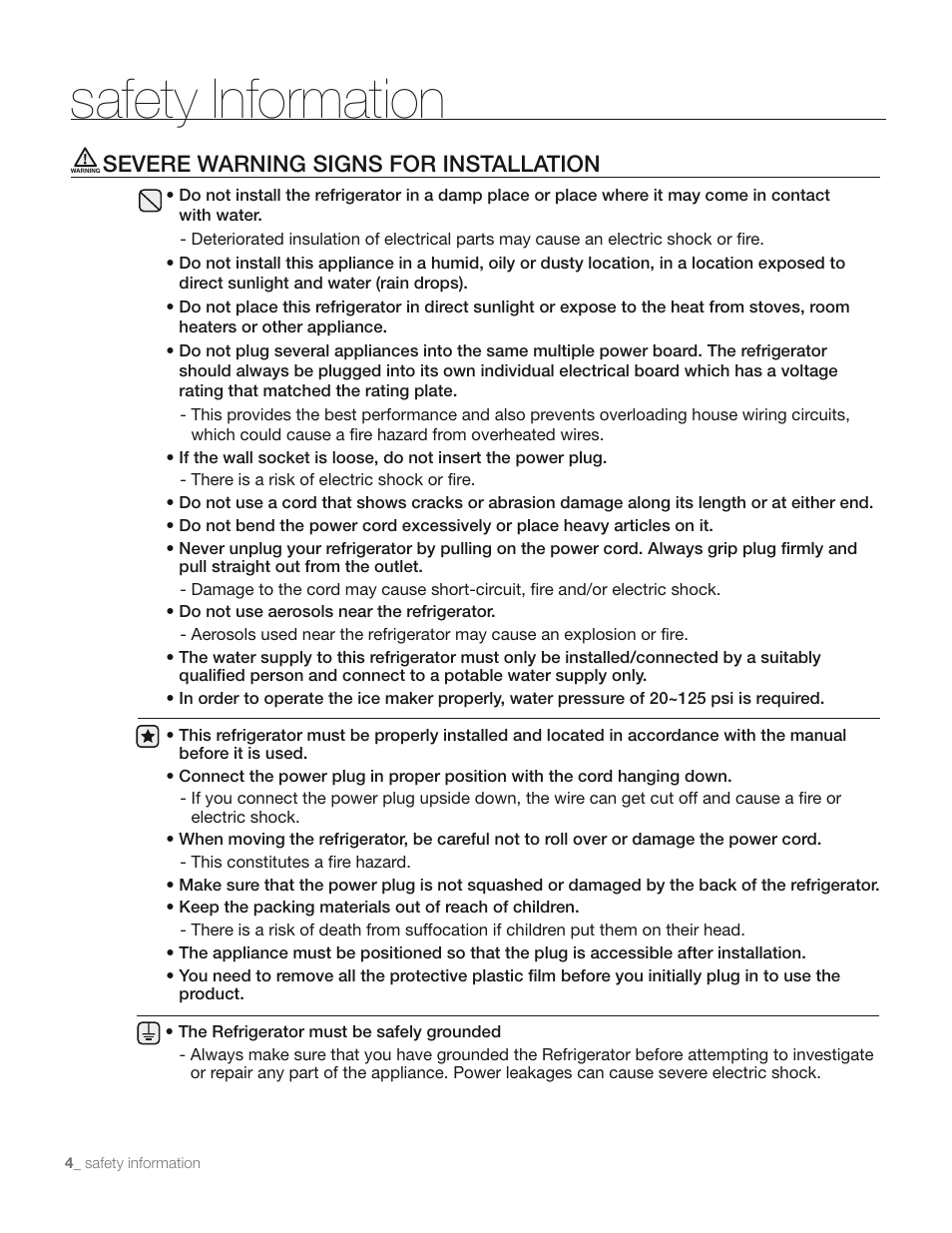 Safety information, Severe warning signs for installation | Samsung RS267TD** User Manual | Page 4 / 68