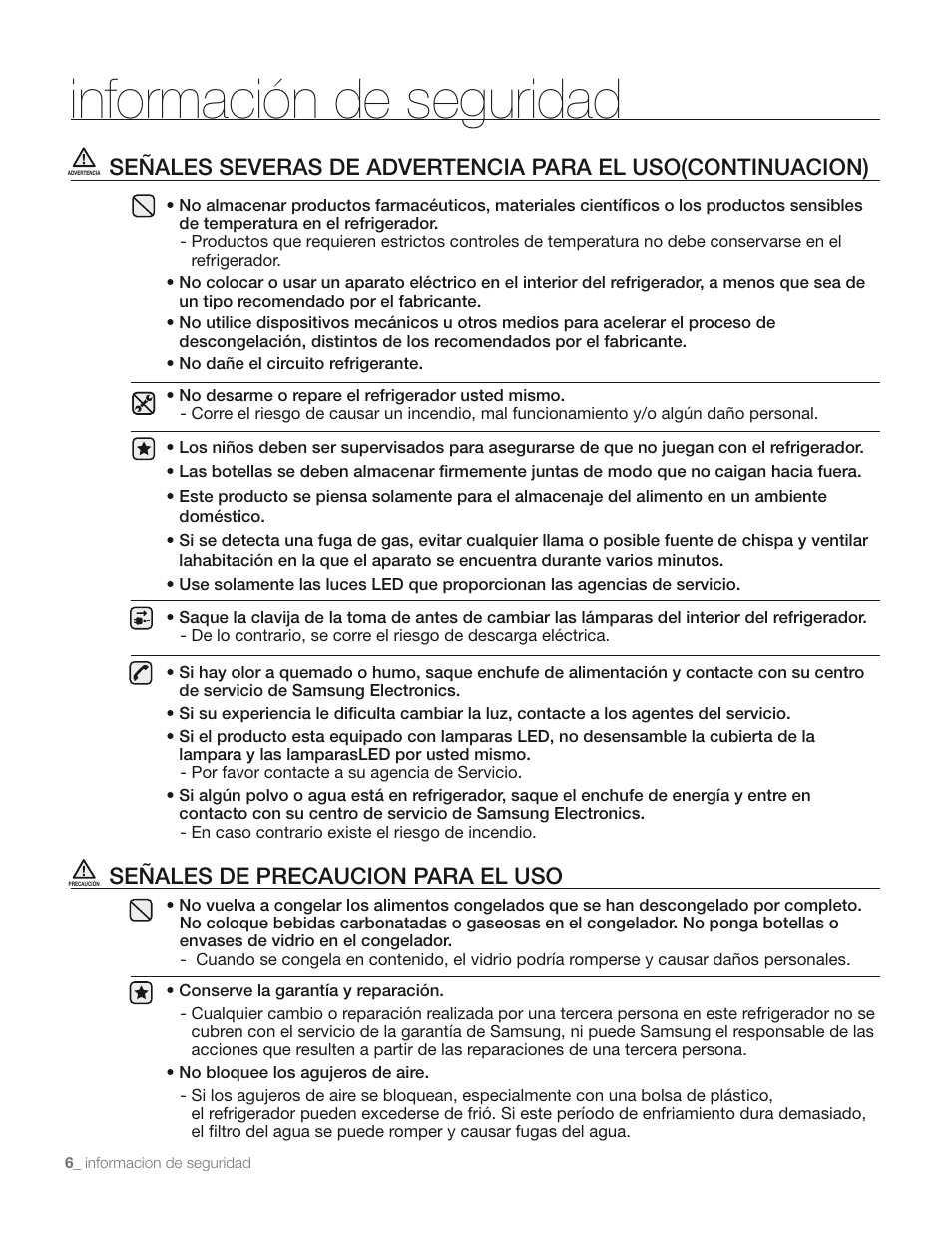 Información de seguridad, Señales de precaucion para el uso | Samsung RS267TD** User Manual | Page 40 / 68