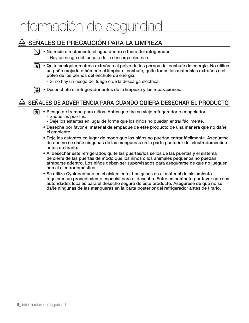 Información de seguridad, Señales de precaución para la limpieza | Samsung RS267TD** User Manual | Page 42 / 68