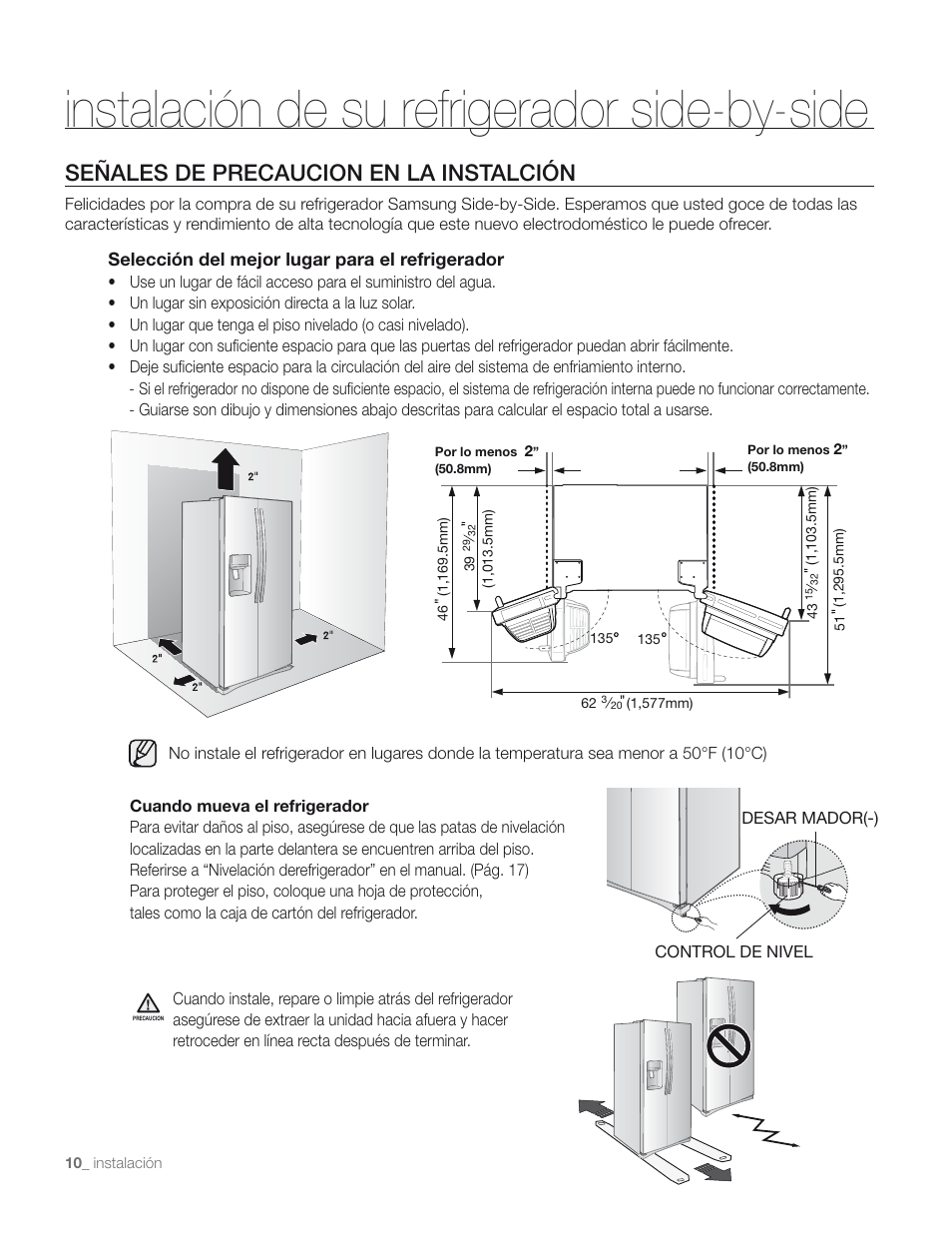 Instalación de su refrigerador side-by-side, Señales de precaucion en la instalción | Samsung RS267TD** User Manual | Page 44 / 68