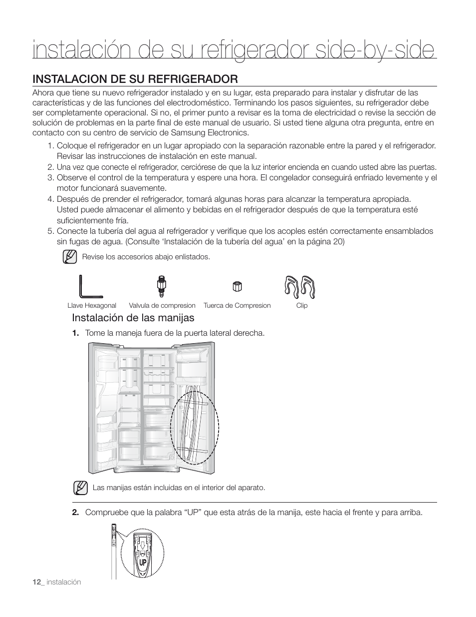 Instalación de su refrigerador side-by-side, Instalacion de su refrigerador, Instalación de las manijas | Samsung RS267TD** User Manual | Page 46 / 68