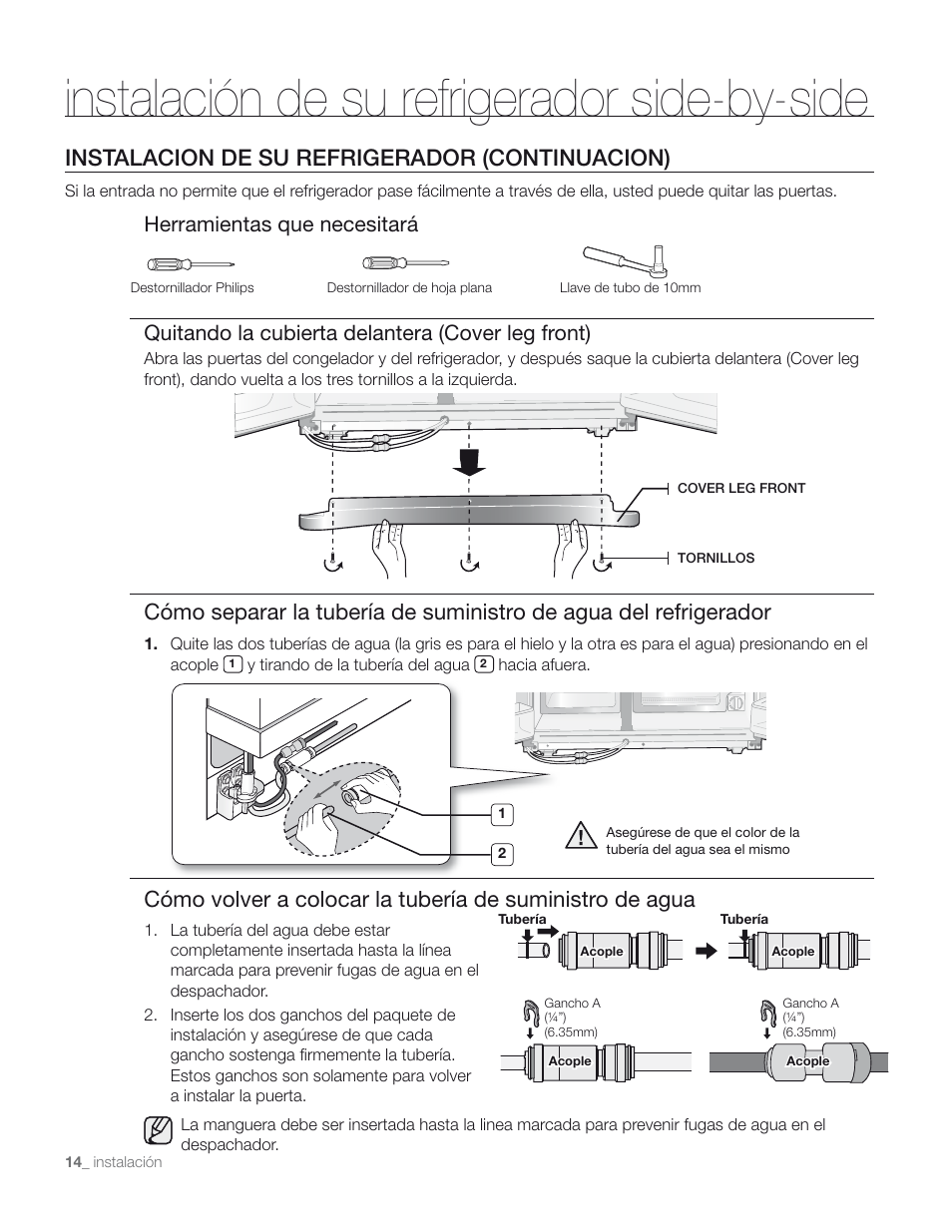 Instalación de su refrigerador side-by-side, Instalacion de su refrigerador (continuacion) | Samsung RS267TD** User Manual | Page 48 / 68