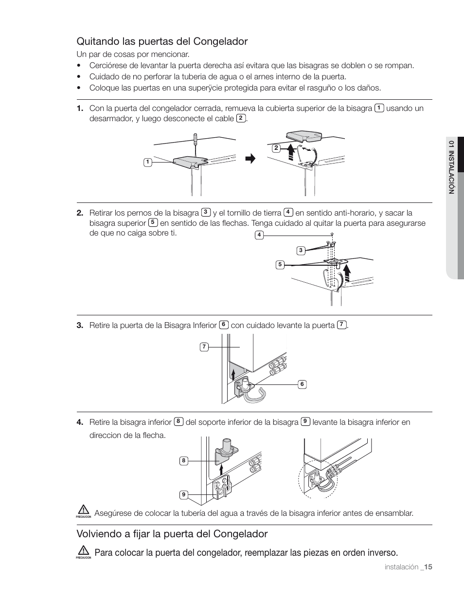 Quitando las puertas del congelador, Volviendo a fijar la puerta del congelador | Samsung RS267TD** User Manual | Page 49 / 68
