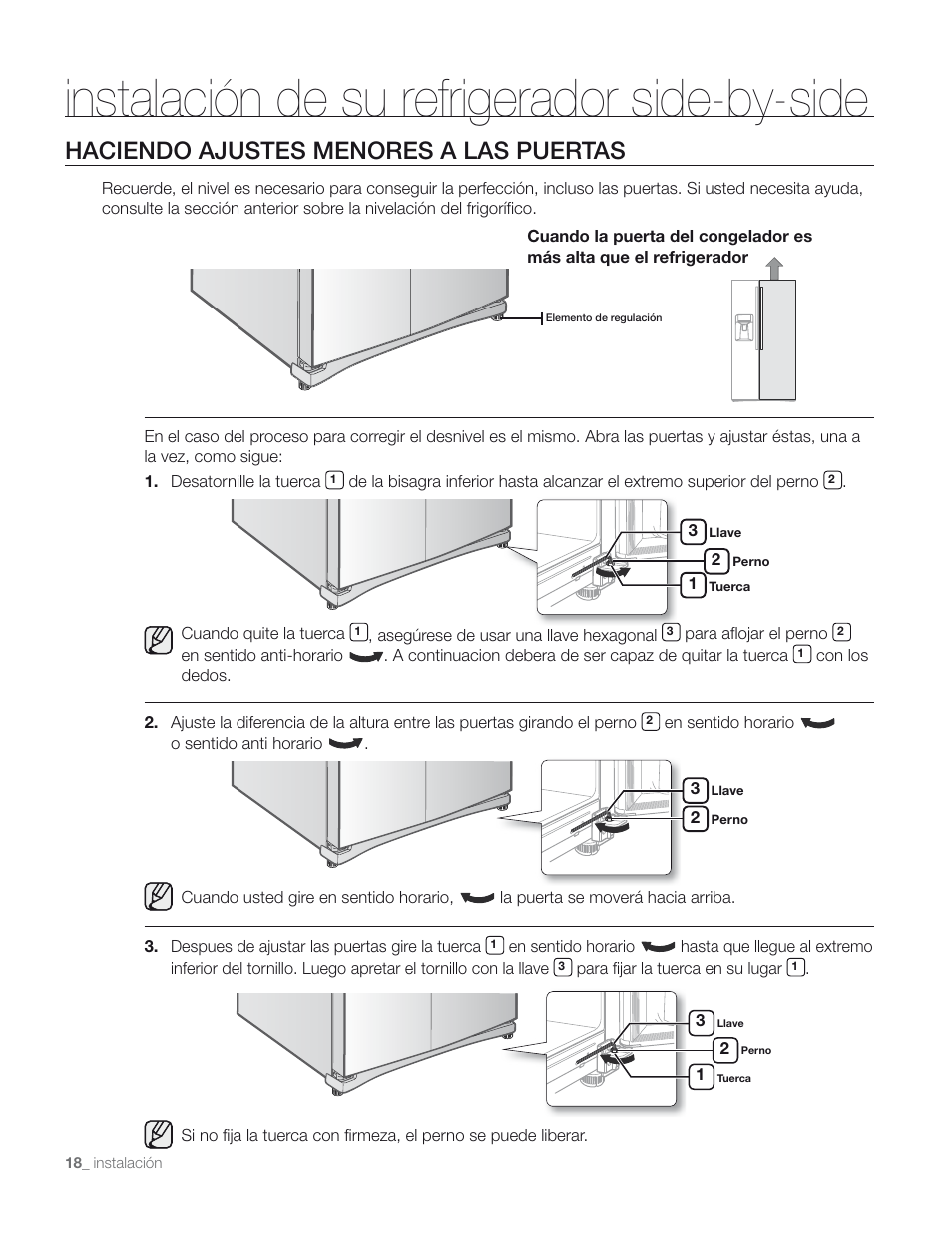 Instalación de su refrigerador side-by-side, Haciendo ajustes menores a las puertas | Samsung RS267TD** User Manual | Page 52 / 68