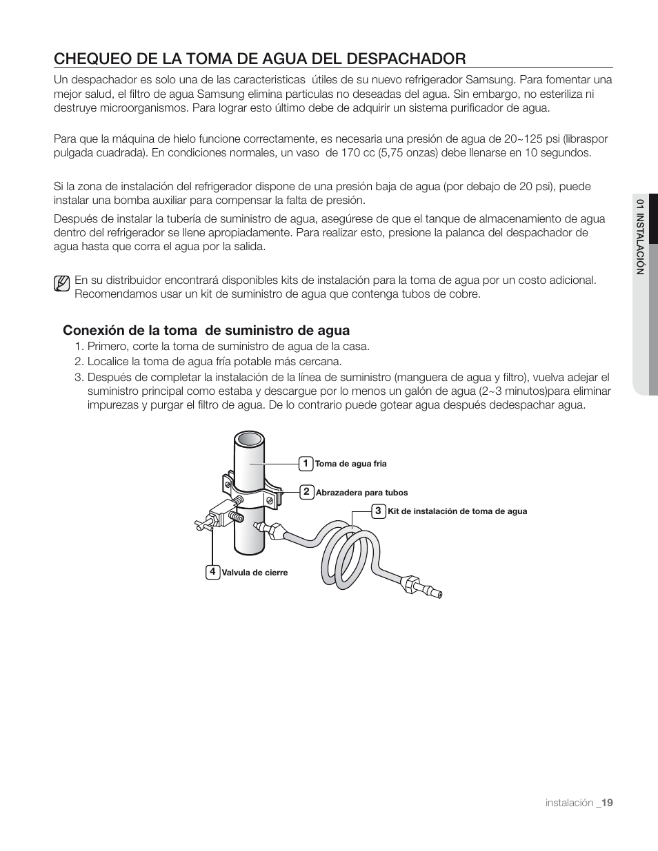 Chequeo de la toma de agua del despachador, Conexión de la toma de suministro de agua | Samsung RS267TD** User Manual | Page 53 / 68