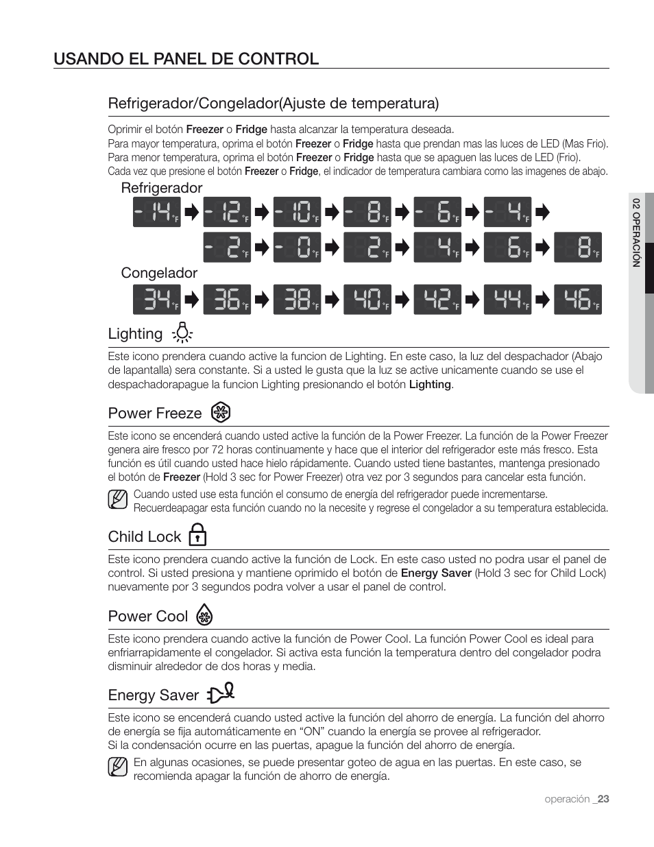 Usando el panel de control, Refrigerador/congelador(ajuste de temperatura), Lighting | Power freeze, Child lock, Power cool, Energy saver | Samsung RS267TD** User Manual | Page 57 / 68