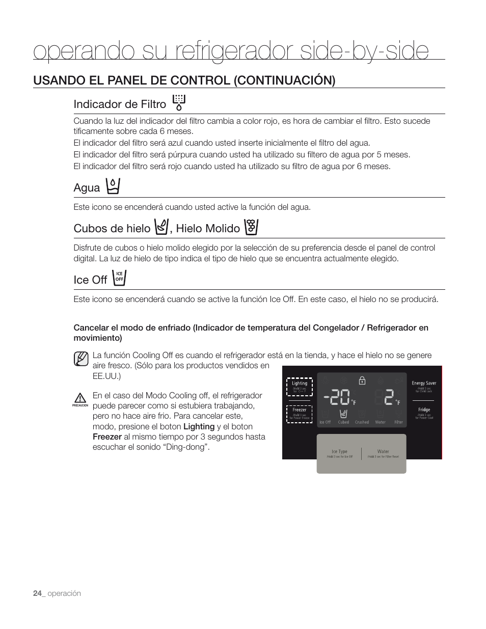Operando su refrigerador side-by-side, Usando el panel de control (continuación) | Samsung RS267TD** User Manual | Page 58 / 68
