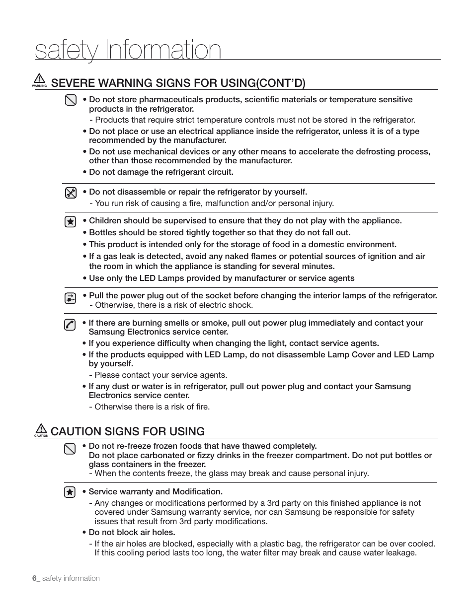 Safety information, Caution signs for using, Severe warning signs for using(cont’d) | Samsung RS267TD** User Manual | Page 6 / 68