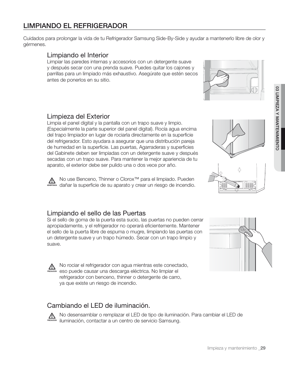 Limpiando el refrigerador, Limpiando el interior, Limpieza del exterior | Limpiando el sello de las puertas, Cambiando el led de iluminación | Samsung RS267TD** User Manual | Page 63 / 68