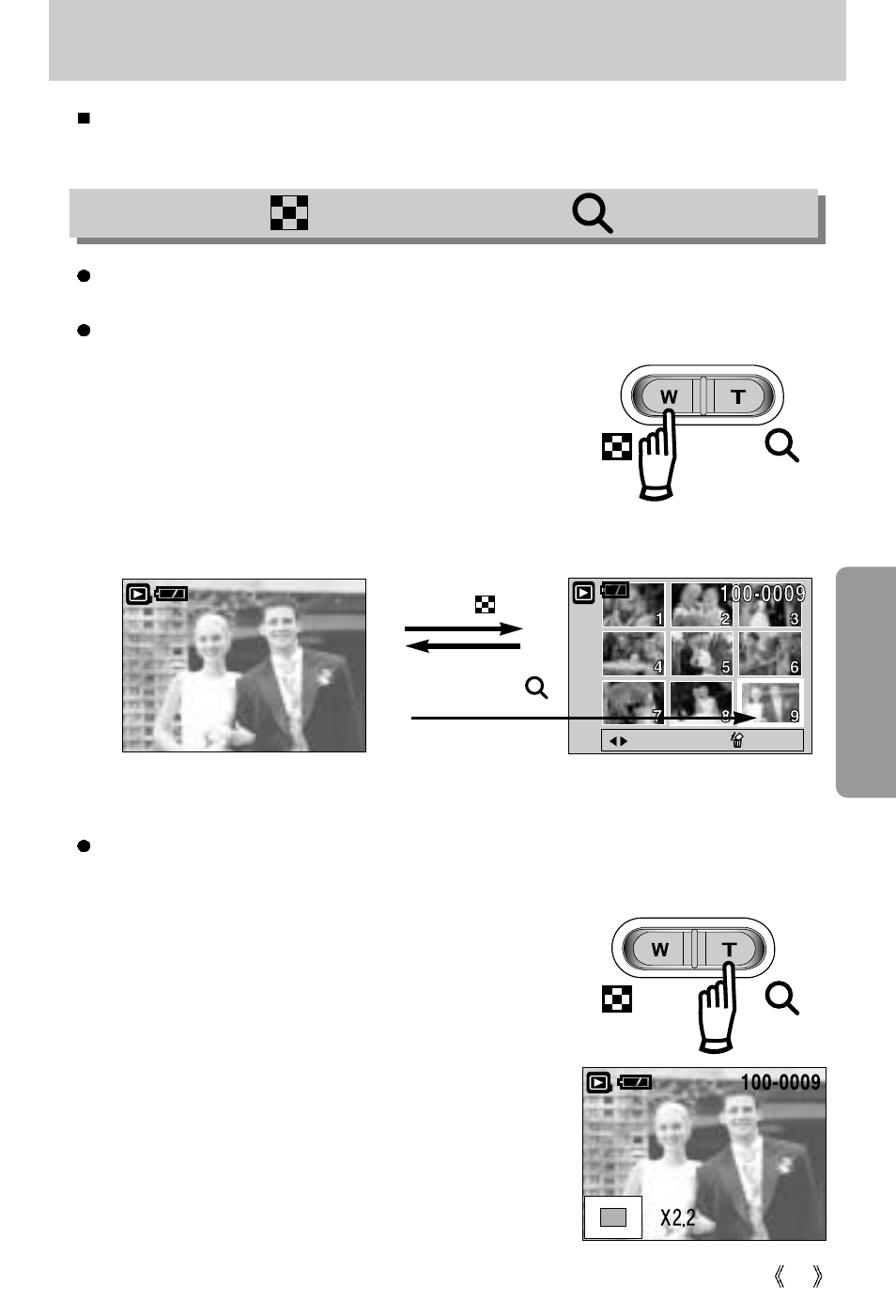 Using the camera buttons to adjust the camera, Thumbnail( ) / enlargement( ) button | Samsung digimax U-CA 501 User Manual | Page 47 / 116