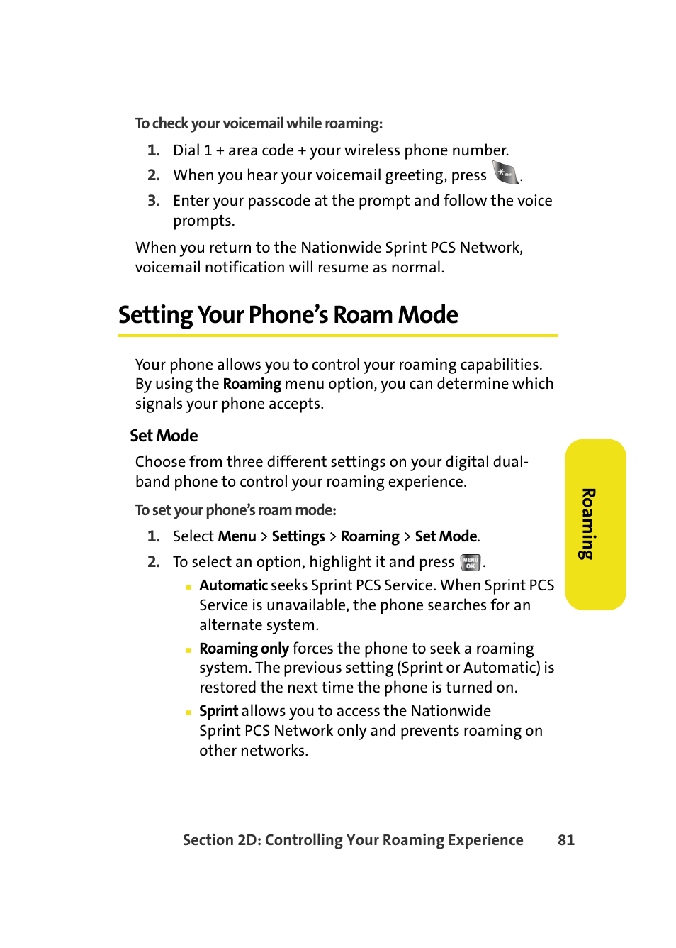 Setting your phone’s roam mode, Ro a m in g | Samsung A640 User Manual | Page 103 / 265